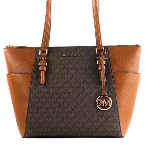 NEW Michael Kors Charlotte Tote Brown Logo Leather Large Top Zip Handbag Bag NWT